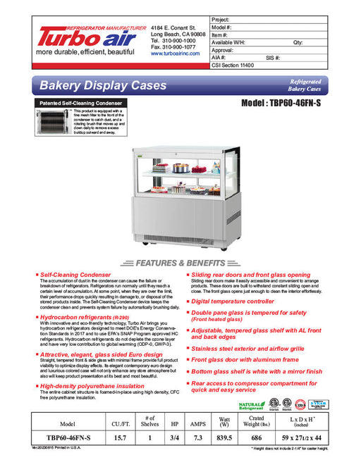 Turbo Air TBP60-54FN-S 59" Refrigerated Bakery Display Case w/ Straight Glass - (3) Levels, 115v, Stainless Steel - Bakery Wholesalers