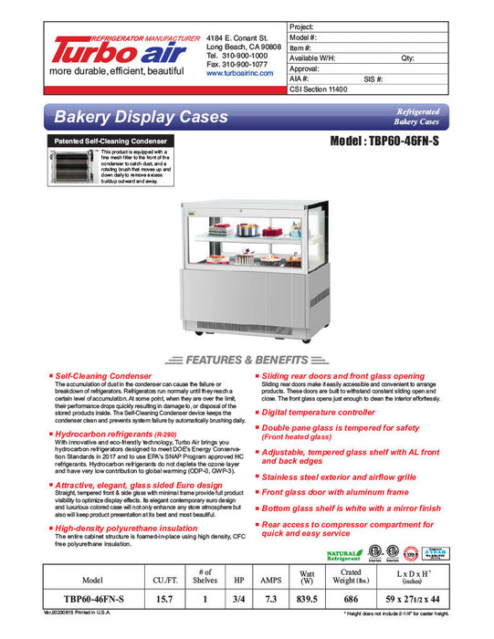 Turbo Air TBP60-54FN-S 59" Refrigerated Bakery Display Case w/ Straight Glass - (3) Levels, 115v, Stainless Steel - Bakery Wholesalers