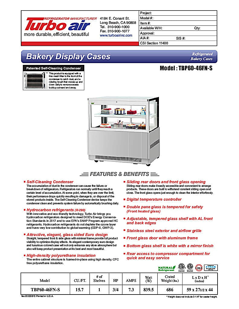 Turbo Air TBP60-54FN-S 59" Refrigerated Bakery Display Case w/ Straight Glass - (3) Levels, 115v, Stainless Steel - Donut-Equipment.com