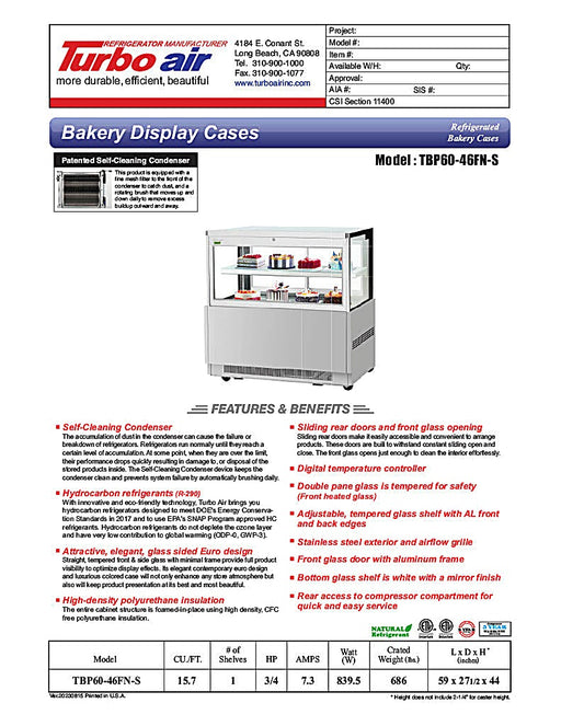 Turbo Air TBP60-54FN-S 59" Refrigerated Bakery Display Case w/ Straight Glass - (3) Levels, 115v, Stainless Steel - Donut-Equipment.com