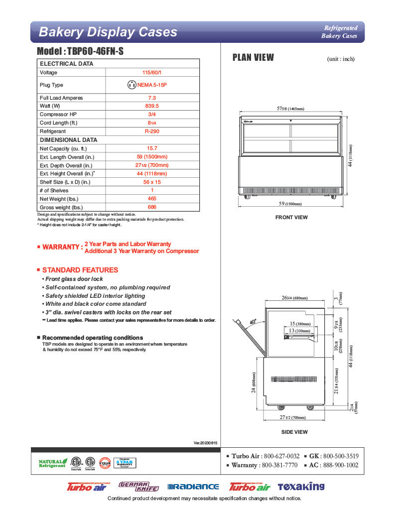 Turbo Air TBP60-54FN-S 59" Refrigerated Bakery Display Case w/ Straight Glass - (3) Levels, 115v, Stainless Steel - Donut-Equipment.com