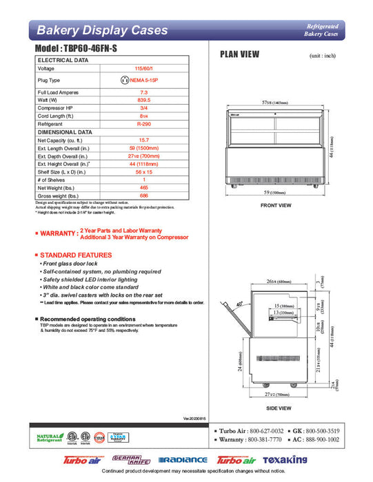 Turbo Air TBP60-54FN-S 59" Refrigerated Bakery Display Case w/ Straight Glass - (3) Levels, 115v, Stainless Steel - Bakery Wholesalers