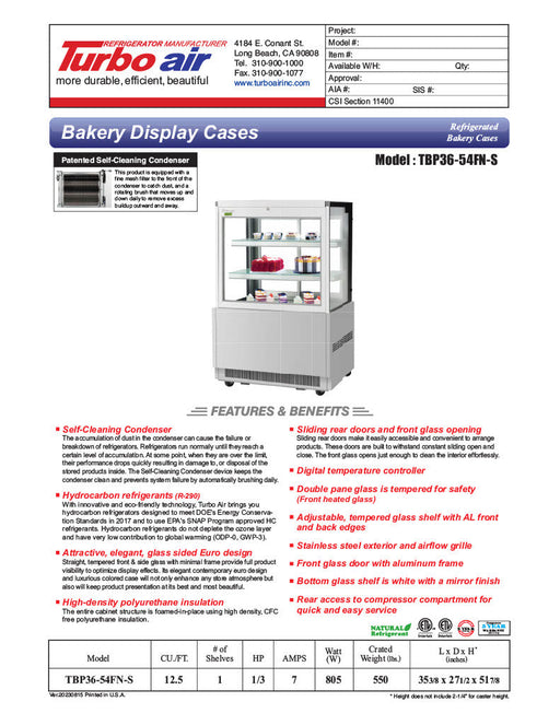 Turbo Air TBP36-54FN-S 35 3/8" Refrigerated Bakery Display Case w/ Straight Glass - (3) Levels, 115v, Stainless Steel - Bakery Wholesalers