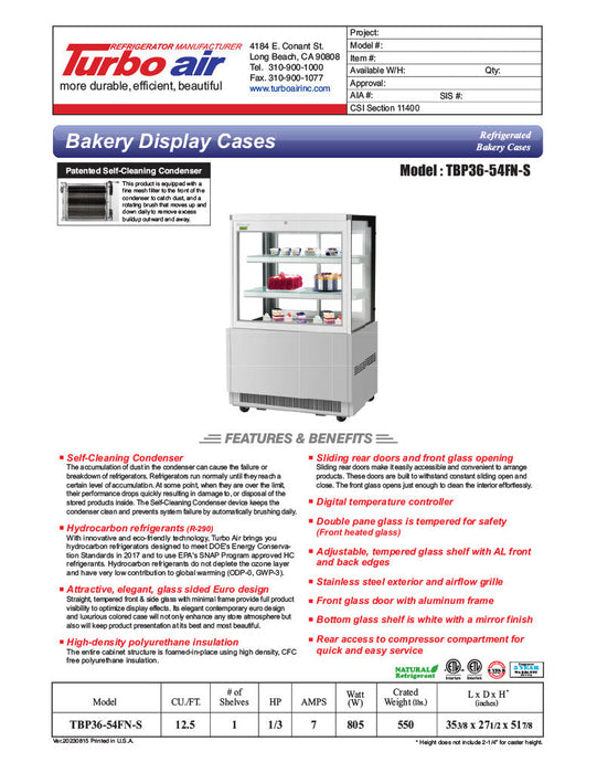 Turbo Air TBP36-54FN-S 35 3/8" Refrigerated Bakery Display Case w/ Straight Glass - (3) Levels, 115v, Stainless Steel - Bakery Wholesalers