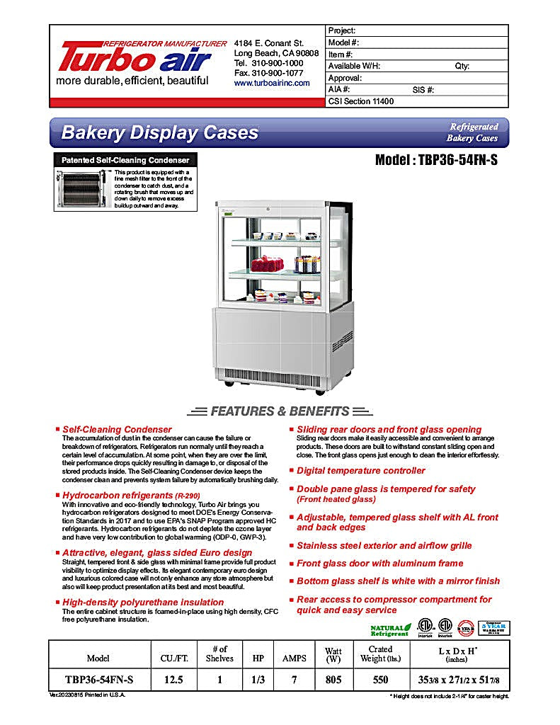 Turbo Air TBP36-54FN-S 35 3/8" Refrigerated Bakery Display Case w/ Straight Glass - (3) Levels, 115v, Stainless Steel - Donut-Equipment.com