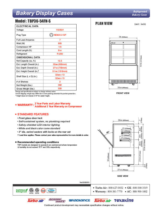 Turbo Air TBP36-54FN-S 35 3/8" Refrigerated Bakery Display Case w/ Straight Glass - (3) Levels, 115v, Stainless Steel - Bakery Wholesalers