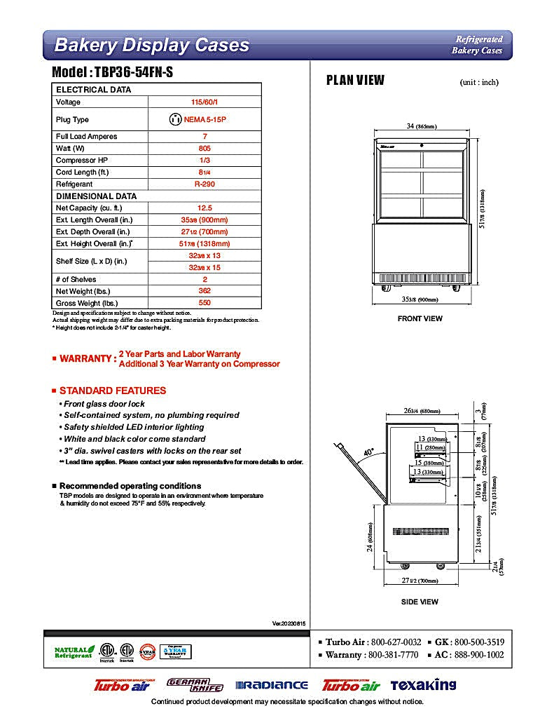Turbo Air TBP36-54FN-S 35 3/8" Refrigerated Bakery Display Case w/ Straight Glass - (3) Levels, 115v, Stainless Steel - Donut-Equipment.com