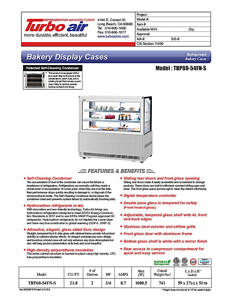 Turbo Air TBP48-54FN-S 47-1/2" Refrigerated Bakery Display Case w/ Straight Glass - (3) Levels, 115v, Stainless Steel - Donut-Equipment.com