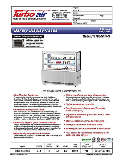 Turbo Air TBP48-54FN-S 47-1/2" Refrigerated Bakery Display Case w/ Straight Glass - (3) Levels, 115v, Stainless Steel - Donut-Equipment.com