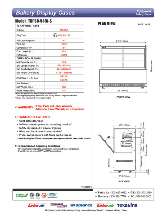 Turbo Air TBP48-54FN-S 47-1/2" Refrigerated Bakery Display Case w/ Straight Glass - (3) Levels, 115v, Stainless Steel - Bakery Wholesalers