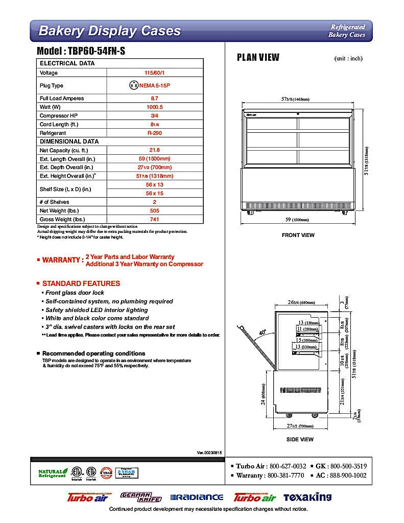 Turbo Air TBP48-54FN-S 47-1/2" Refrigerated Bakery Display Case w/ Straight Glass - (3) Levels, 115v, Stainless Steel - Donut-Equipment.com