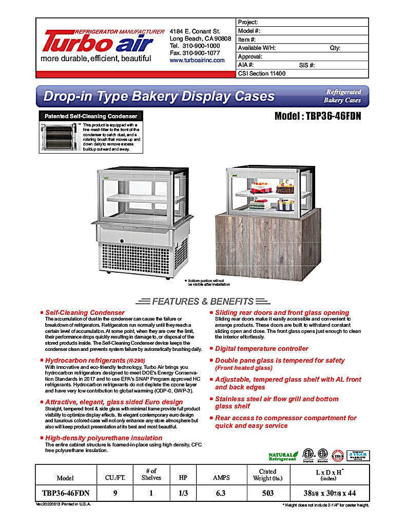 Turbo Air TBP-36-46FDN 38-1/8" Refrigerated Bakery Display Case w/ Straight Glass - (2) Levels, 115v, Stainless Steel - Donut-Equipment.com