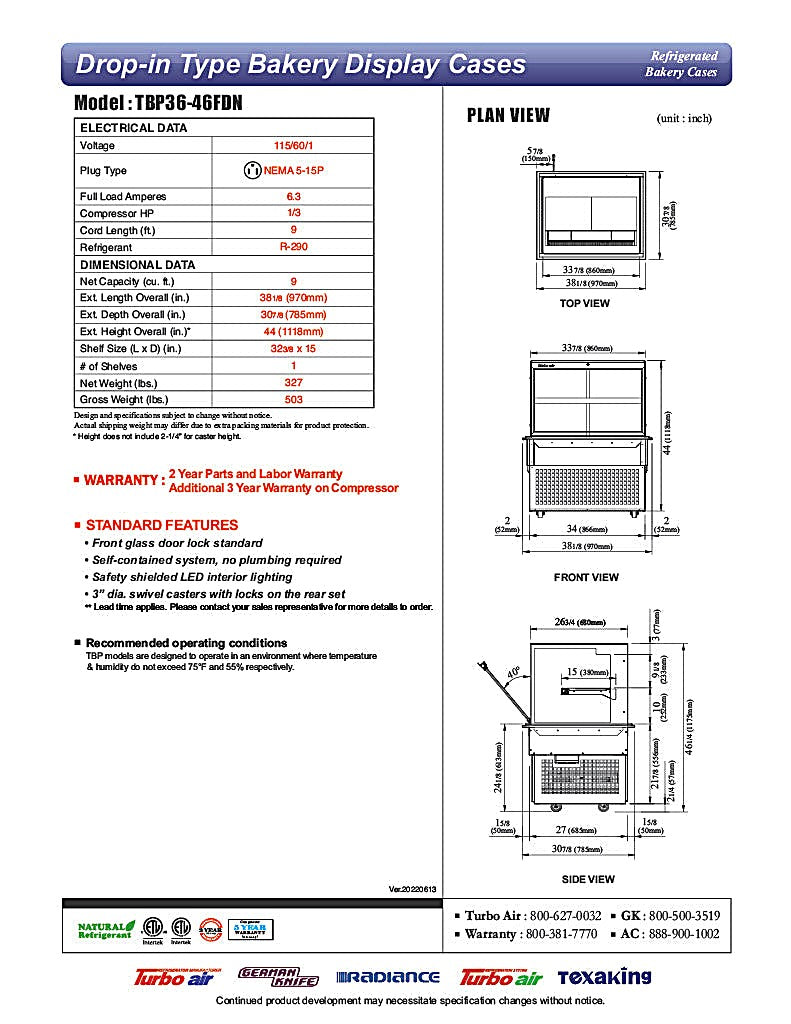 Turbo Air TBP-36-46FDN 38-1/8" Refrigerated Bakery Display Case w/ Straight Glass - (2) Levels, 115v, Stainless Steel - Donut-Equipment.com