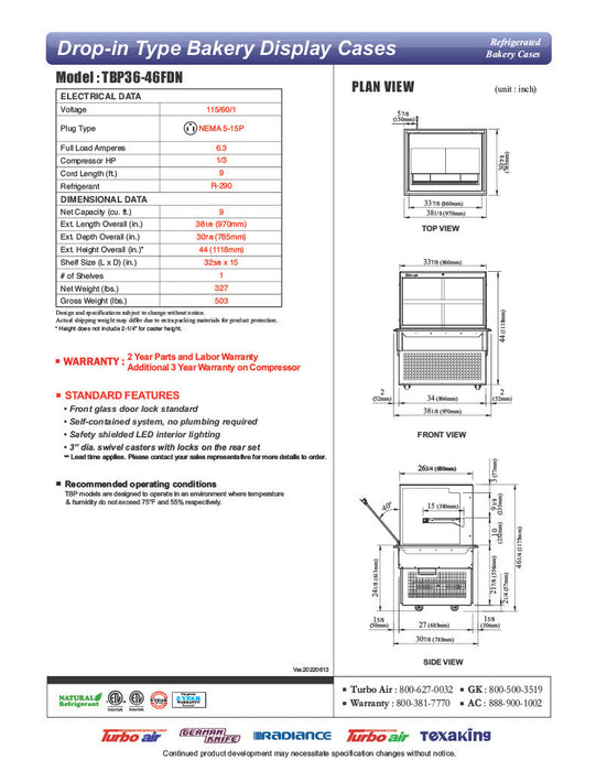 Turbo Air TBP-36-46FDN 38-1/8" Refrigerated Bakery Display Case w/ Straight Glass - (2) Levels, 115v, Stainless Steel - Bakery Wholesalers