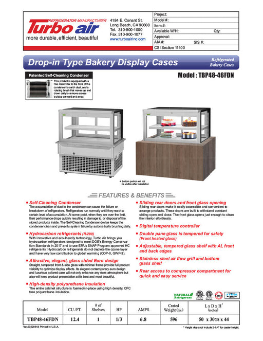 Turbo Air TBP48-46FDN 50" Refrigerated Bakery Display Case w/ Straight Glass - (2) Levels, 115v, Stainless Steel - Bakery Wholesalers