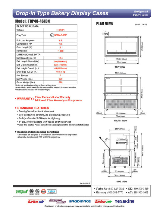 Turbo Air TBP48-46FDN 50" Refrigerated Bakery Display Case w/ Straight Glass - (2) Levels, 115v, Stainless Steel - Bakery Wholesalers