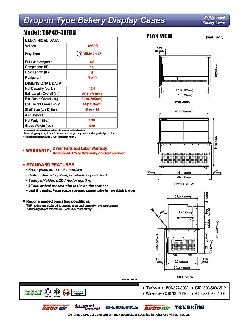 Turbo Air TBP48-46FDN 50" Refrigerated Bakery Display Case w/ Straight Glass - (2) Levels, 115v, Stainless Steel - Donut-Equipment.com