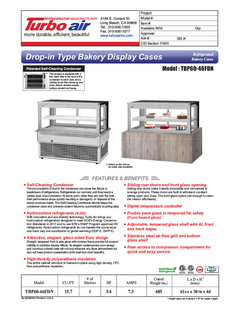 Turbo Air TBP60-46FDN 61-3/4" Refrigerated Bakery Display Case w/ Straight Glass - (2) Levels, 115v, Stainless Steel - Donut-Equipment.com