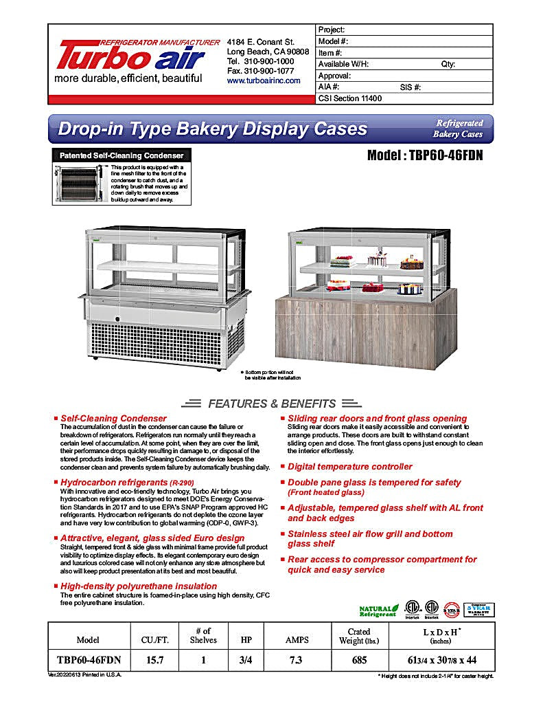 Turbo Air TBP60-46FDN 61-3/4" Refrigerated Bakery Display Case w/ Straight Glass - (2) Levels, 115v, Stainless Steel - Donut-Equipment.com