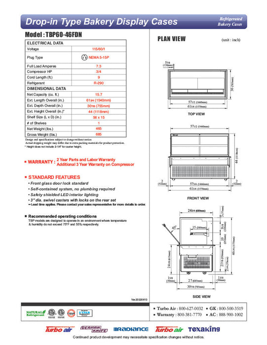 Turbo Air TBP60-46FDN 61-3/4" Refrigerated Bakery Display Case w/ Straight Glass - (2) Levels, 115v, Stainless Steel - Bakery Wholesalers