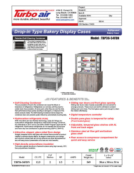 Turbo Air TBP36-54FDN 38-1/8" Refrigerated Bakery Display Case w/ Straight Glass - (3) Levels, 115v, Stainless Steel - Bakery Wholesalers