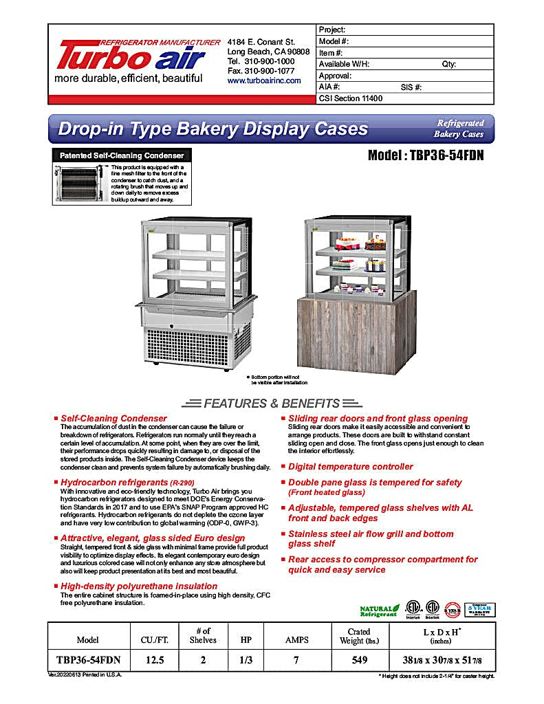 Turbo Air TBP36-54FDN 38-1/8" Refrigerated Bakery Display Case w/ Straight Glass - (3) Levels, 115v, Stainless Steel - Donut-Equipment.com