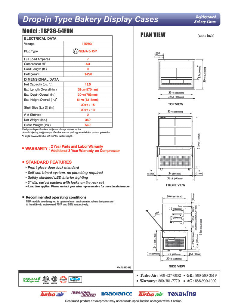 Turbo Air TBP36-54FDN 38-1/8" Refrigerated Bakery Display Case w/ Straight Glass - (3) Levels, 115v, Stainless Steel - Donut-Equipment.com