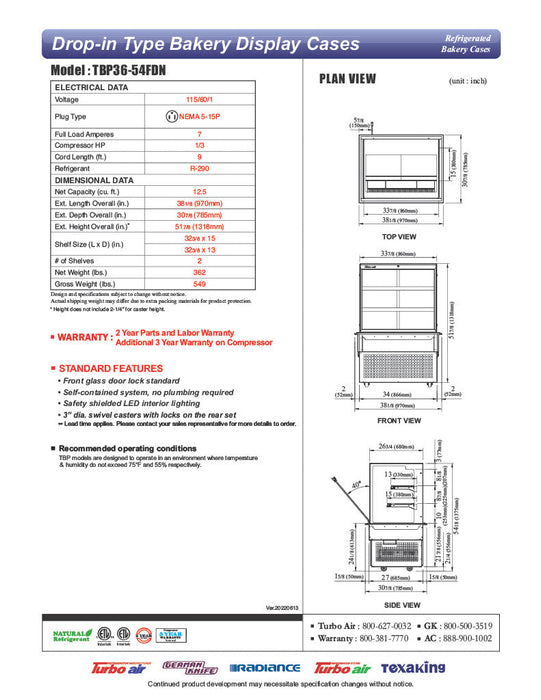 Turbo Air TBP36-54FDN 38-1/8" Refrigerated Bakery Display Case w/ Straight Glass - (3) Levels, 115v, Stainless Steel - Bakery Wholesalers