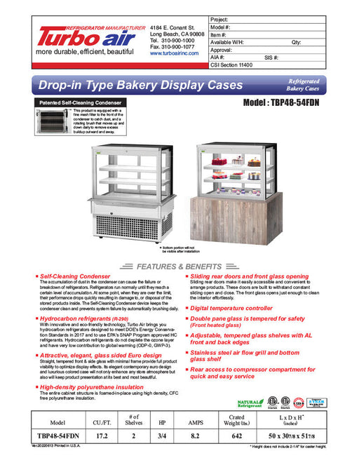 Turbo Air TBP48-54FDN 50" Refrigerated Bakery Display Case w/ Straight Glass - (3) Levels, 115v, Stainless Steel - Bakery Wholesalers