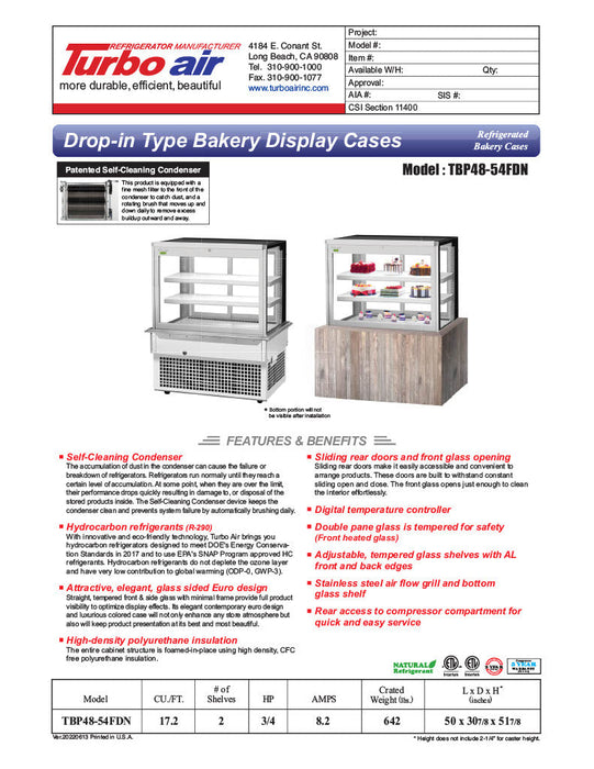 Turbo Air TBP48-54FDN 50" Refrigerated Bakery Display Case w/ Straight Glass - (3) Levels, 115v, Stainless Steel - Bakery Wholesalers