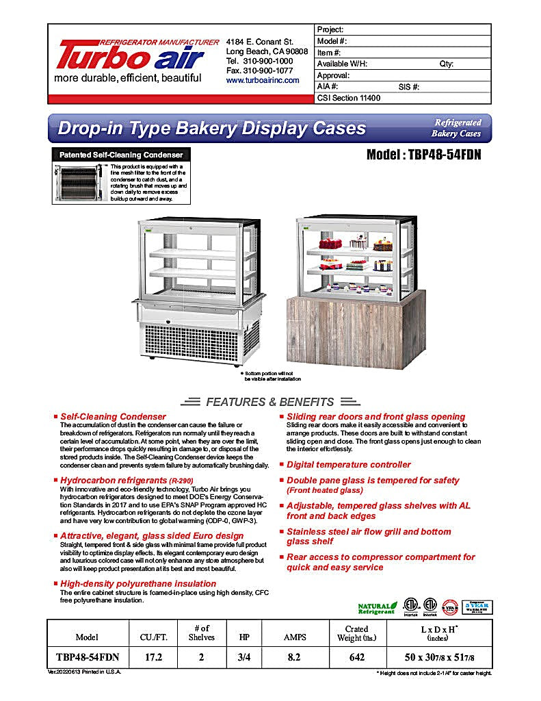 Turbo Air TBP48-54FDN 50" Refrigerated Bakery Display Case w/ Straight Glass - (3) Levels, 115v, Stainless Steel - Donut-Equipment.com