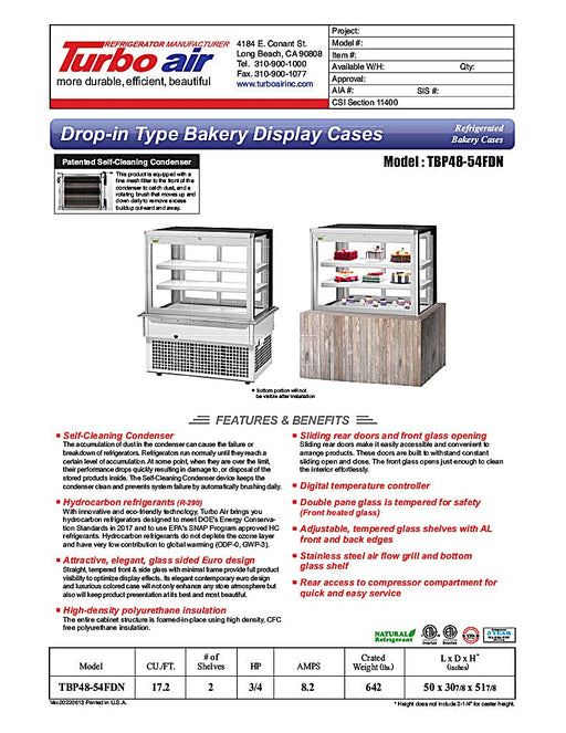 Turbo Air TBP48-54FDN 50" Refrigerated Bakery Display Case w/ Straight Glass - (3) Levels, 115v, Stainless Steel - Donut-Equipment.com