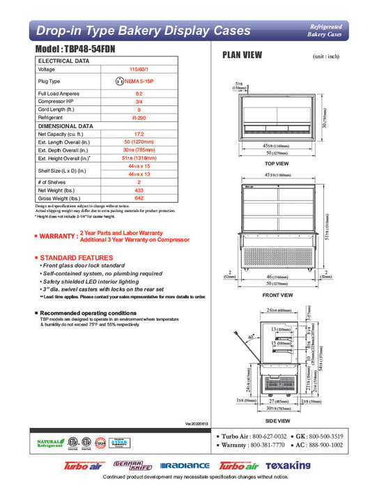 Turbo Air TBP48-54FDN 50" Refrigerated Bakery Display Case w/ Straight Glass - (3) Levels, 115v, Stainless Steel - Bakery Wholesalers