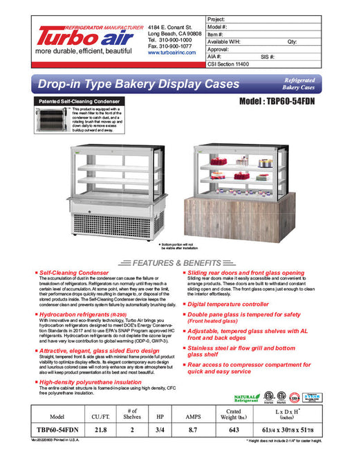 Turbo Air TBP60-54FDN 61-3/4" Refrigerated Bakery Display Case w/ Straight Glass - (3) Levels, 115v, Stainless Steel - Bakery Wholesalers