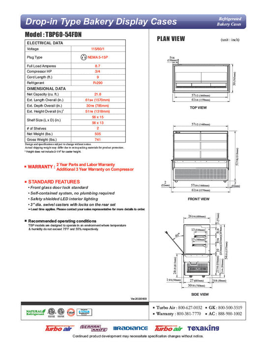 Turbo Air TBP60-54FDN 61-3/4" Refrigerated Bakery Display Case w/ Straight Glass - (3) Levels, 115v, Stainless Steel - Bakery Wholesalers