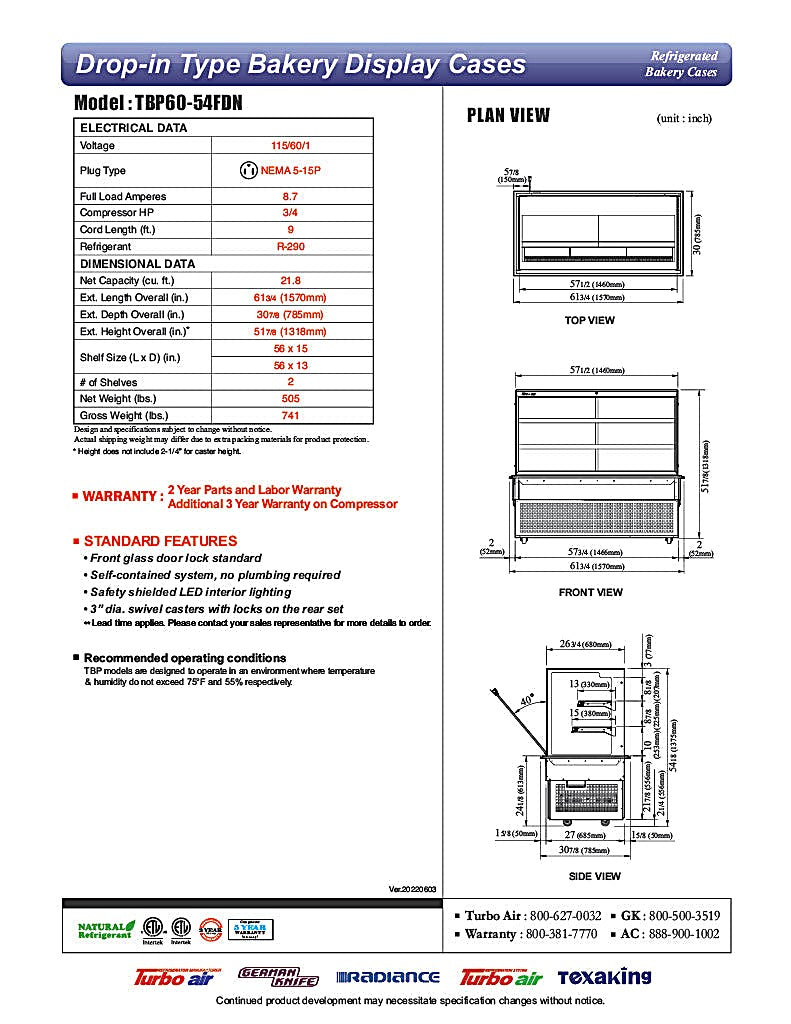 Turbo Air TBP60-54FDN 61-3/4" Refrigerated Bakery Display Case w/ Straight Glass - (3) Levels, 115v, Stainless Steel - Donut-Equipment.com
