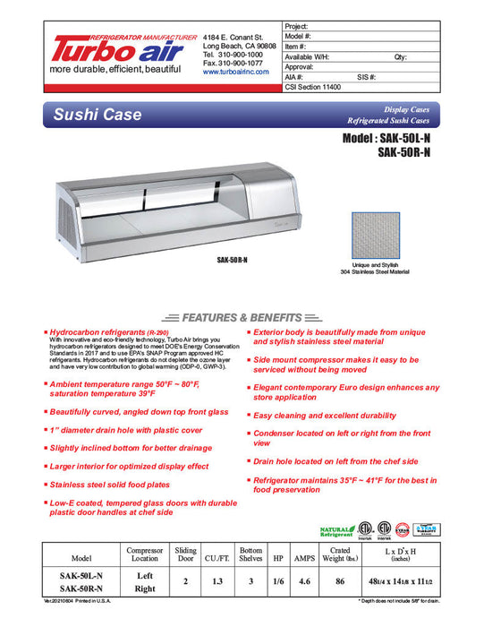 Turbo Air SAK-50L-N 50" Stainless Steel Curved Glass Refrigerated Display/Sushi Case - Left Side Compressor - Bakery Wholesalers