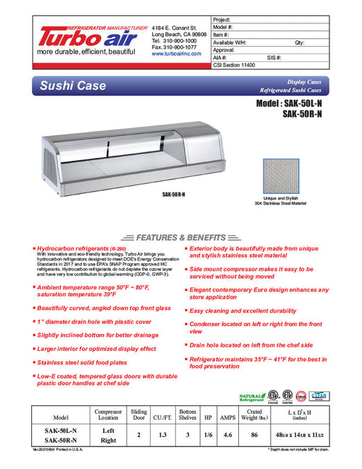 Turbo Air SAK-50R-N 50" Stainless Steel Curved Glass Refrigerated Display/Sushi Case - Right Side Compressor - Bakery Wholesalers