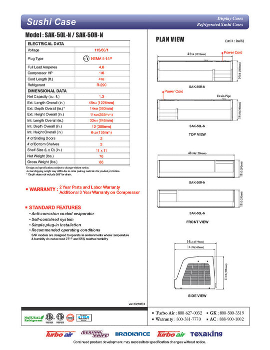 Turbo Air SAK-50R-N 50" Stainless Steel Curved Glass Refrigerated Display/Sushi Case - Right Side Compressor - Bakery Wholesalers