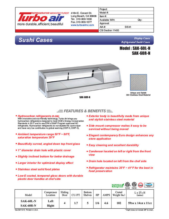 Turbo Air SAK-60R-N 60" Stainless Steel Curved Glass Refrigerated Display/Sushi Case - Right Side Compressor - Bakery Wholesalers