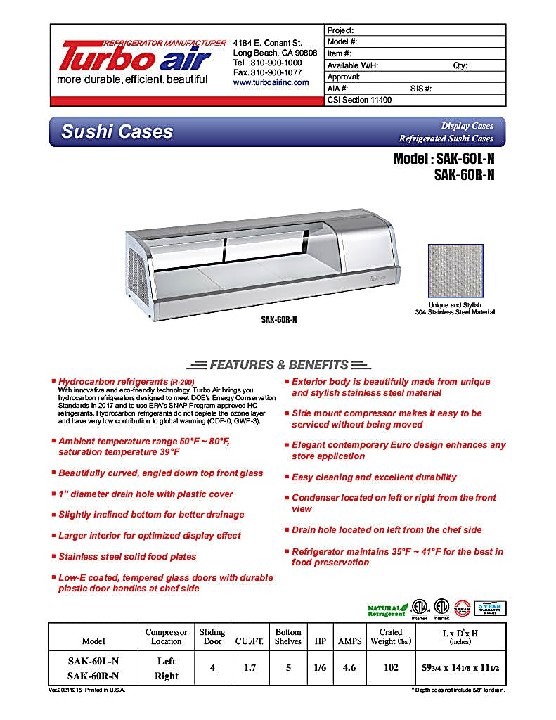 Turbo Air SAK-60R-N 60" Stainless Steel Curved Glass Refrigerated Display/Sushi Case - Right Side Compressor - Donut-Equipment.com