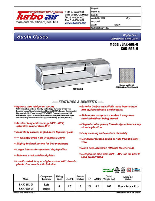 Turbo Air SAK-60L-N 60" Stainless Steel Curved Glass Refrigerated Display/Sushi Case - Left Side Compressor - Donut-Equipment.com