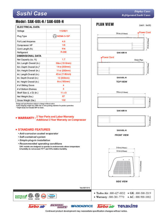 Turbo Air SAK-60L-N 60" Stainless Steel Curved Glass Refrigerated Display/Sushi Case - Left Side Compressor - Bakery Wholesalers