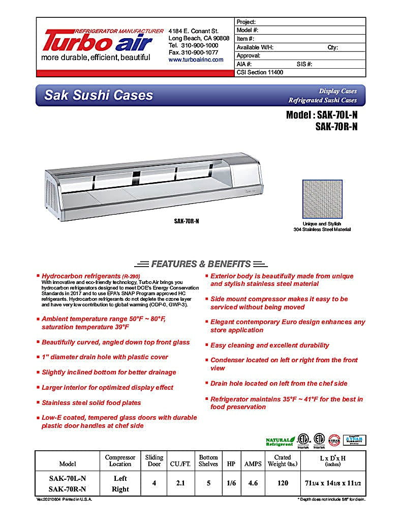 Turbo Air SAK70R-N 70" Stainless Steel Curved Glass Refrigerated Sushi Case - Right Side Compressor - Donut-Equipment.com