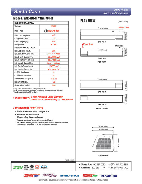 Turbo Air SAK70R-N 70" Stainless Steel Curved Glass Refrigerated Sushi Case - Right Side Compressor - Bakery Wholesalers