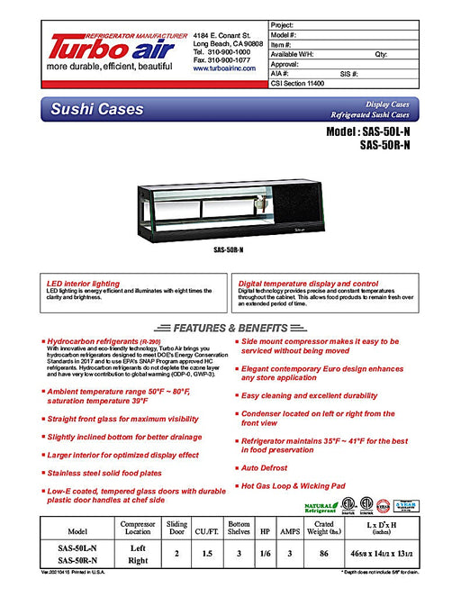 Turbo Air SAS-50L-N 50" Straight Glass Refrigerated Display/Sushi Case - Left Side Compressor - Donut-Equipment.com