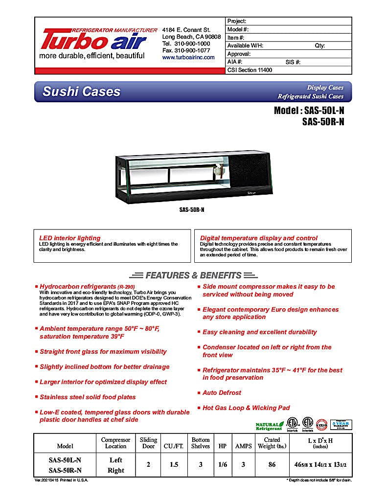 Turbo Air SAS-50R-N 50" Straight Glass Refrigerated Display/Sushi Case - Right Side Compressor - Donut-Equipment.com