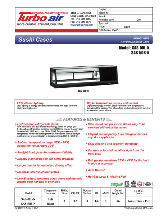 Turbo Air SAS-50L-N 50" Straight Glass Refrigerated Display/Sushi Case - Left Side Compressor - Bakery Wholesalers
