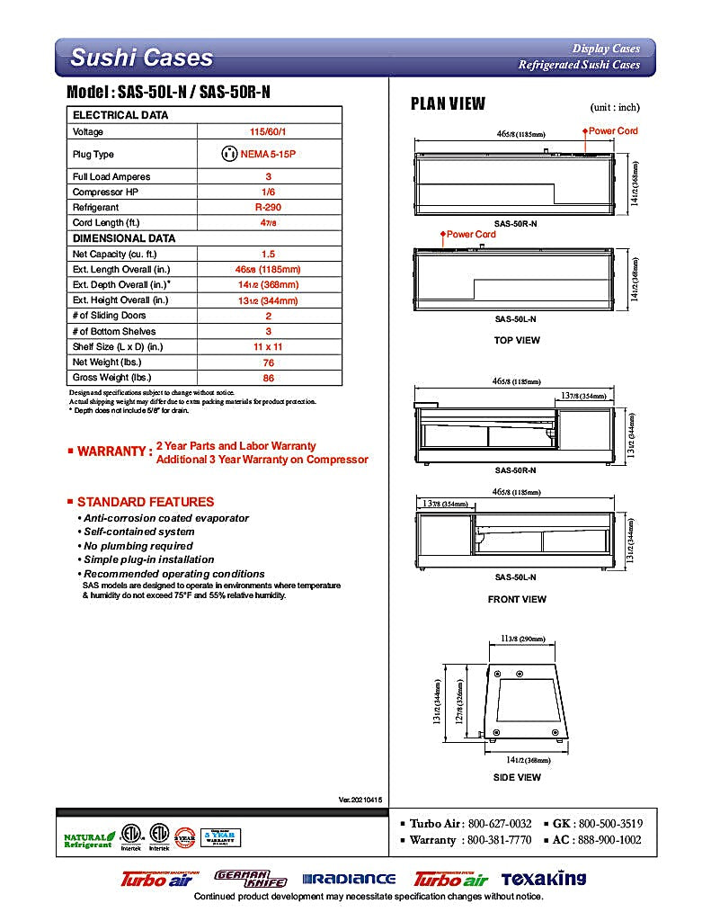 Turbo Air SAS-50R-N 50" Straight Glass Refrigerated Display/Sushi Case - Right Side Compressor - Donut-Equipment.com