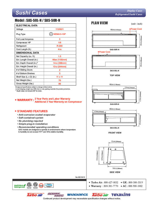 Turbo Air SAS-50L-N 50" Straight Glass Refrigerated Display/Sushi Case - Left Side Compressor - Bakery Wholesalers